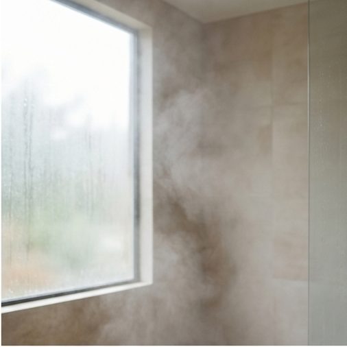 Badezimmer mit Dampf am Fenster