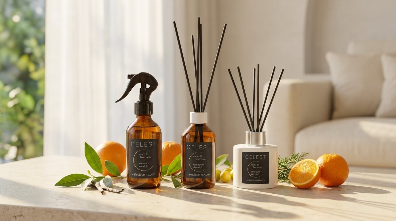 In Noon Light als Raumspray, Diffusor in Amberglas und Diffusor in Weiß, daneben Orangen und Vanille