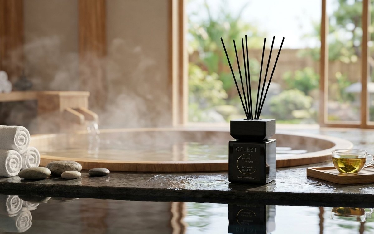 CELEST Diffusor an einem Onsen-Becken mit Handtüchern und Steinen